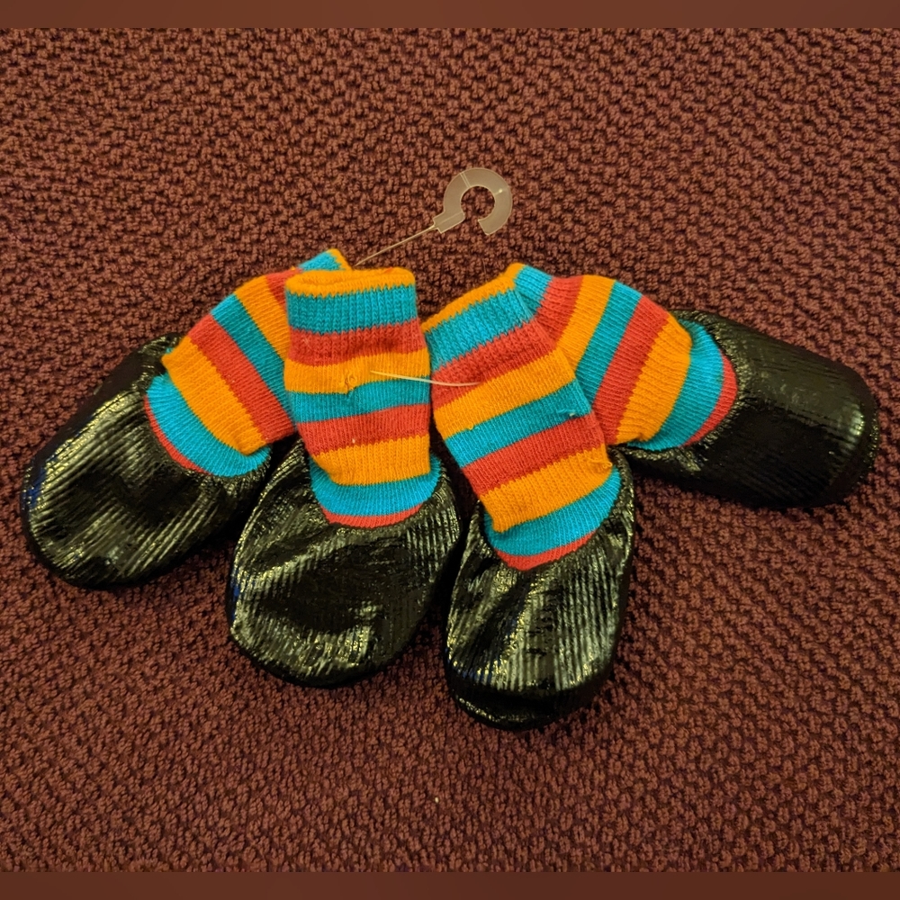 SOLD: Non-slip dog socks/boots/shoes - Blue, Pink, Orange Stripes - Set of 4
